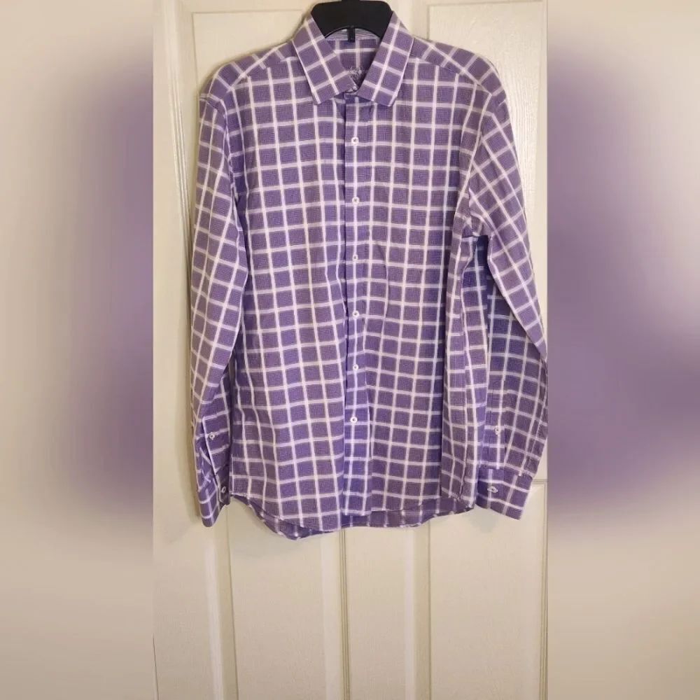 Bugatchi Uomo Shaped Fit M Checkered Purpel White LongSleeves Men's Dress Shirt
